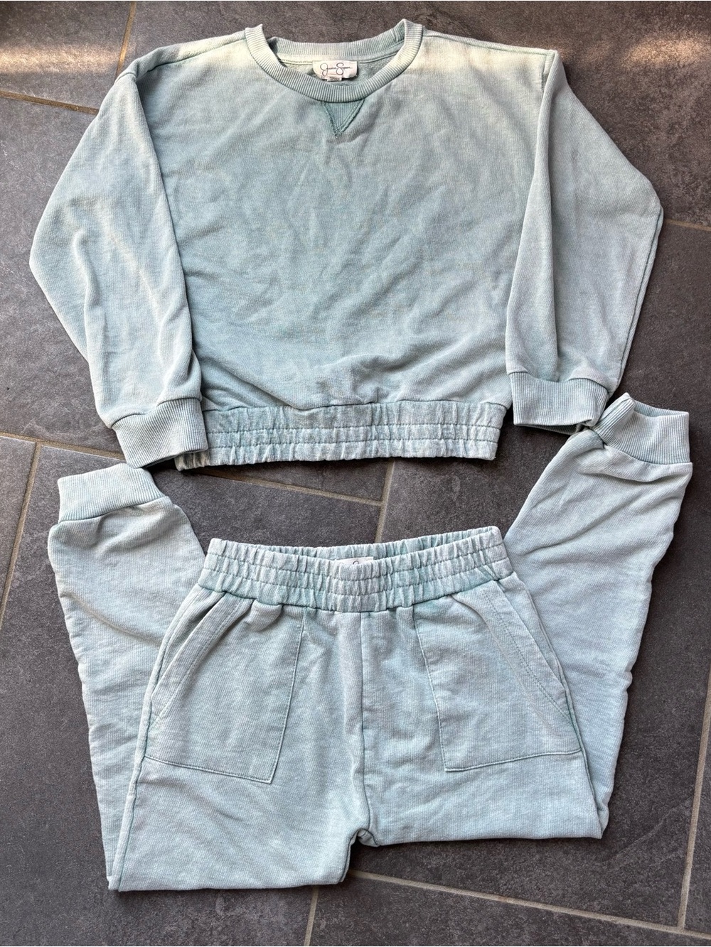 Jessica Simpson Girls Green neutral Crewneck Sweatshirt Jogger Set soft Sz 8